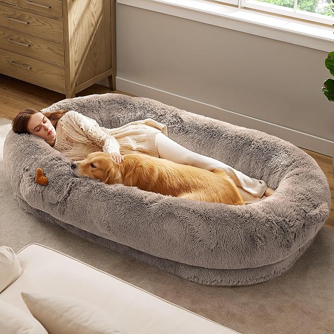 Bedsure Human Dog Bed, 71.0" x 44.0" x 12.0" Calming Giant Human Dog Bed for Adults People Fits Pet Families with Storage Pocket, Fluffy Faux Fur Orthopedic Pet Bean Bed, Camel
