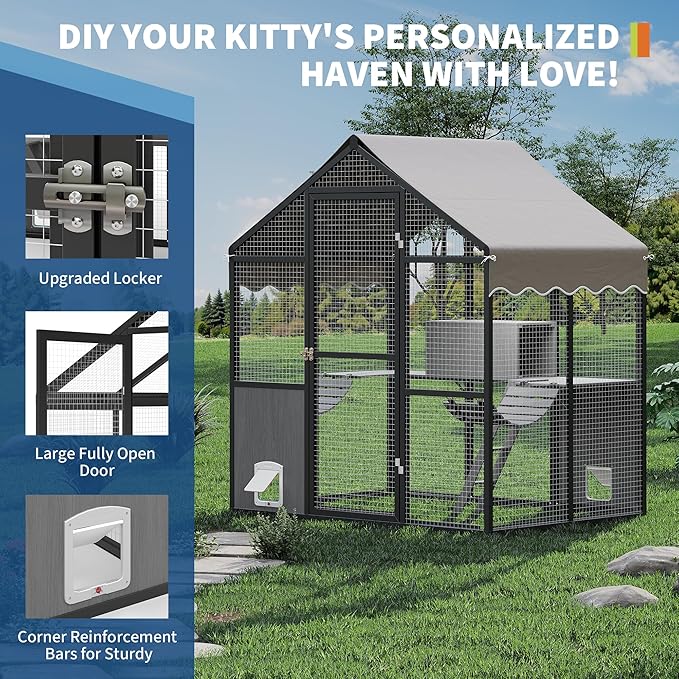 Large Outdoor Cat Enclosure for Multiple Cats - Weatherproof Catio with UV Cover, Platform & Side Door