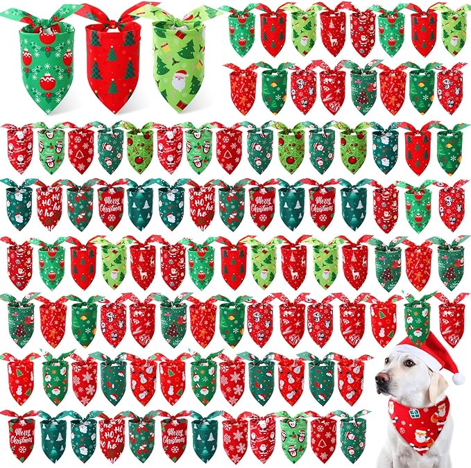 Preboun 100 Pcs Christmas Dog Bandanas Bulk Xmas Bandanas for Dogs Triangle Kerchief Bibs Scarf for Pet Xmas Costume Photo Props Accessories Pet Shops Adoption Events, 25 Styles(31.5 x 21.7 x 21.7)