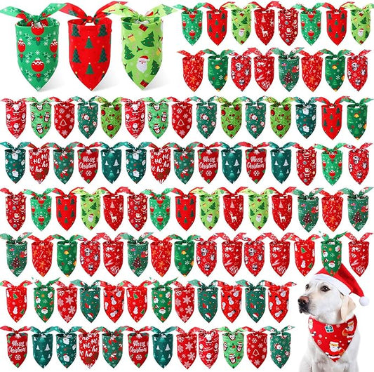 Preboun 100 Pcs Christmas Dog Bandanas Bulk Xmas Bandanas for Dogs Triangle Kerchief Bibs Scarf for Pet Xmas Costume Photo Props Accessories Pet Shops Adoption Events, 25 Styles(31.5 x 21.7 x 21.7)