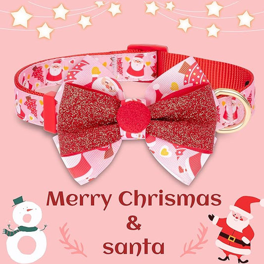 azuza Christmas Dog Collar Santa Print Xmas Dog Collars with Removable Red and Pink Bowtie, Adjustable Dog Collar Accessories for Medium Dogs