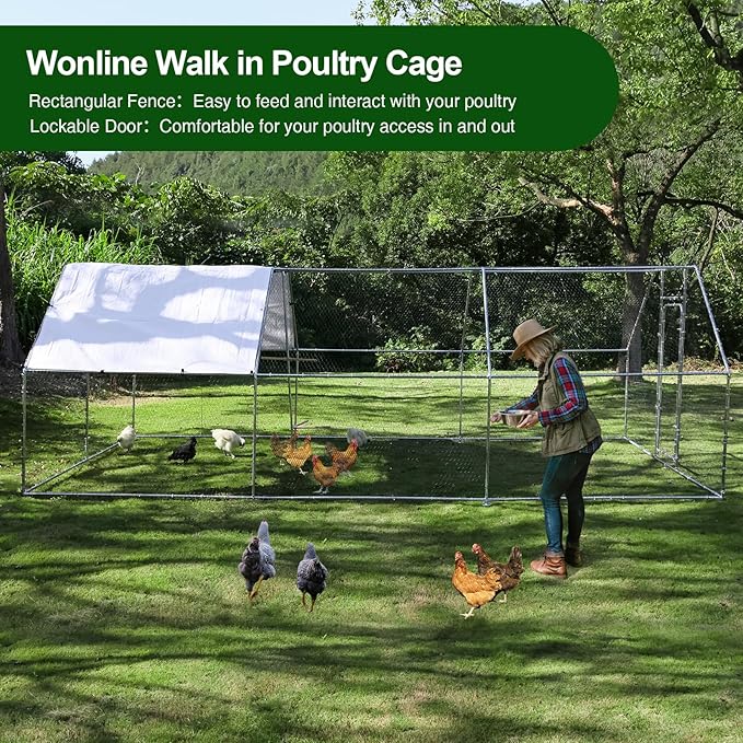 Chicken Coop Large Metal Chicken House/Pen with Climbing Frame for 15-20 Chickens, Outdoor Walk-in Poultry Cage Flat Shape for Ducks, Rabbits, Dogs Etc, Silver (236" L x 117.6" W x 78.7" H)