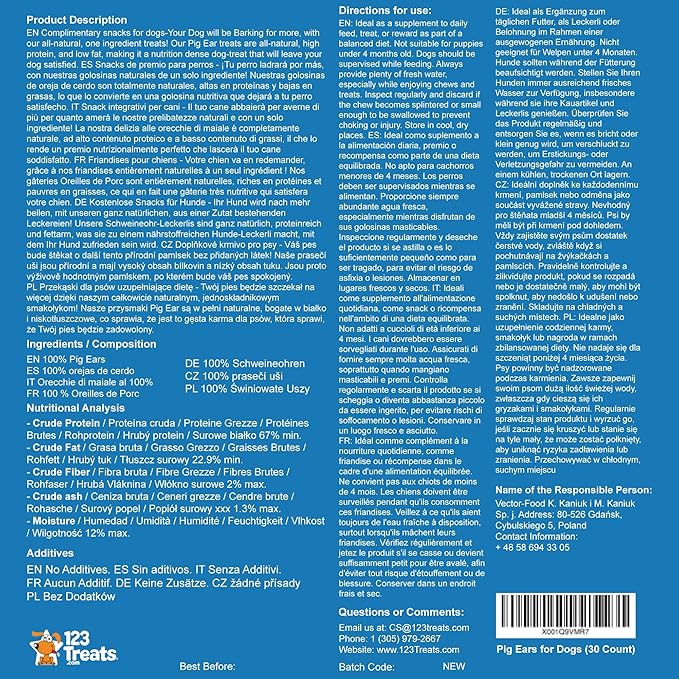 123 Treats Whole Pig Ears for Dogs - (30 Count) 100% Natural, Long Lasting & Highly Digestible Chew Treats, Single Ingredient, Slow Baked, Great for Puppy, Large & Medium Dogs