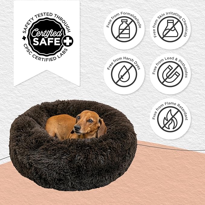 Best Friends by Sheri (or PAWSH Original Calming Donut Dog and Cat Bed, Shag Faux Fur, Dark Brown, Small (23in x 23in) - Helps Provide Anxiety Relief for Pets