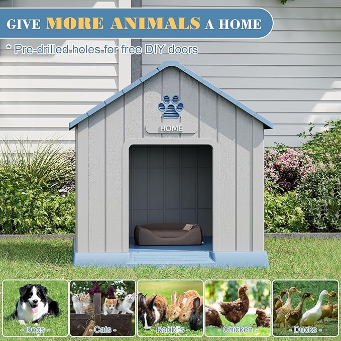 Fancyango Dog House Outdoor Indoor - Waterproof, Ventilated, Easy to Clean, Elevated Floor for Small-Large Dogs, Easy to Assemble (Blue, 37.2" L x 40" W x 40" H)