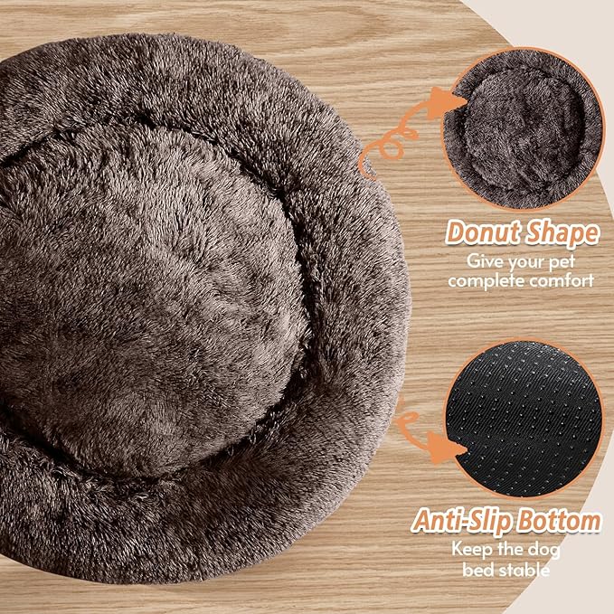 JOLLYVOGUE Small Dog & Cat Beds for Indoor Cats, Donut Cuddler Warming Soft Dog Beds with Anti-Slip Bottom, Round Calming Fluffy Plush Faux Fur Cushion Bed for Large Dogs (36")