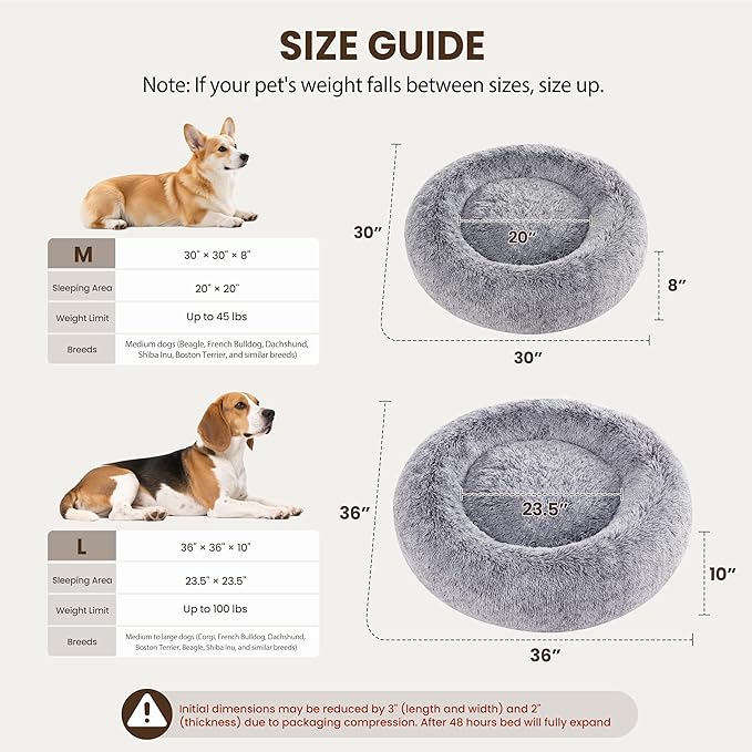 Donut Dog Bed Medium Size Dog, Round Cat Beds for Small Medium Dogs and Cats with Washable Fluffy Faux Fur, Cute Comfort Pet Bed with Anti-Slip Bottom, Grey, 30"