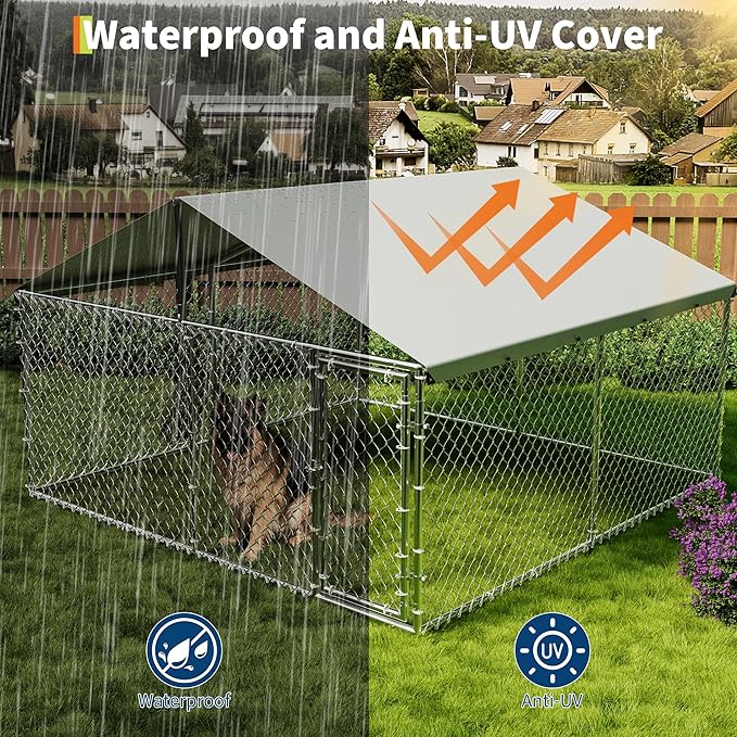 Large Outdoor Dog Kennel, 10x10x6ft Dog Kennel with Waterproof & UV-Resistant Cover, Large Dog House for Outside Backyard Farm