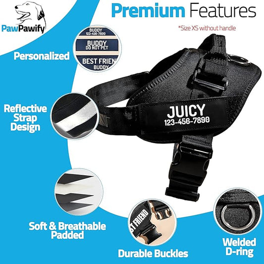 PawPawify Custom No Pull Dog Harness with Name and Phone Number, Heavy Duty Personalized Pet Vest to Prevent Tugging, Pulling, or Choking, Training and Walking (Black, XL (Chest 28-35in))