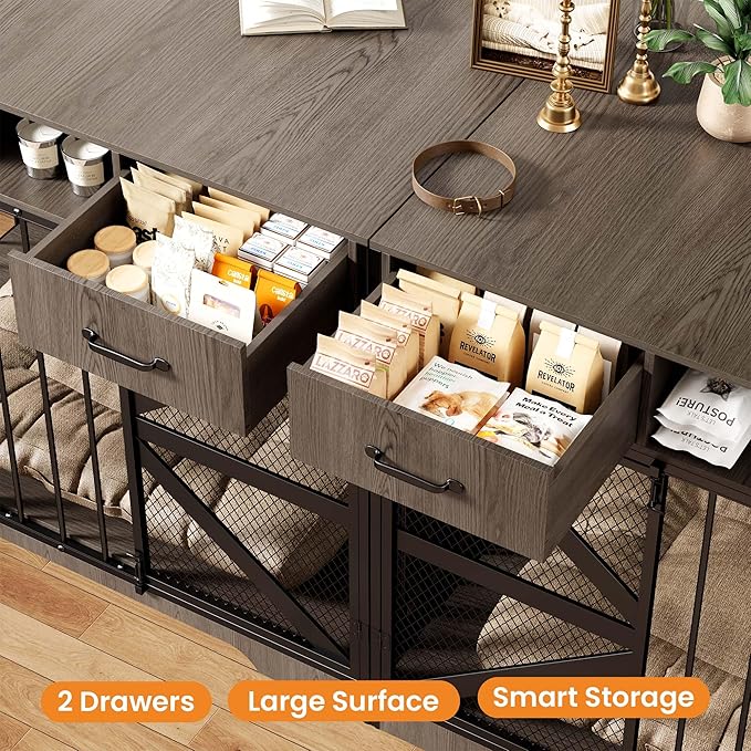 44" Large Dog Crate Furniture, Wooden Heavy Duty Dog Kennel TV Stand with 2 Drawers, Indoor Multi-Functional Decorative XL Furniture for Medium & Large Breeds, Grey