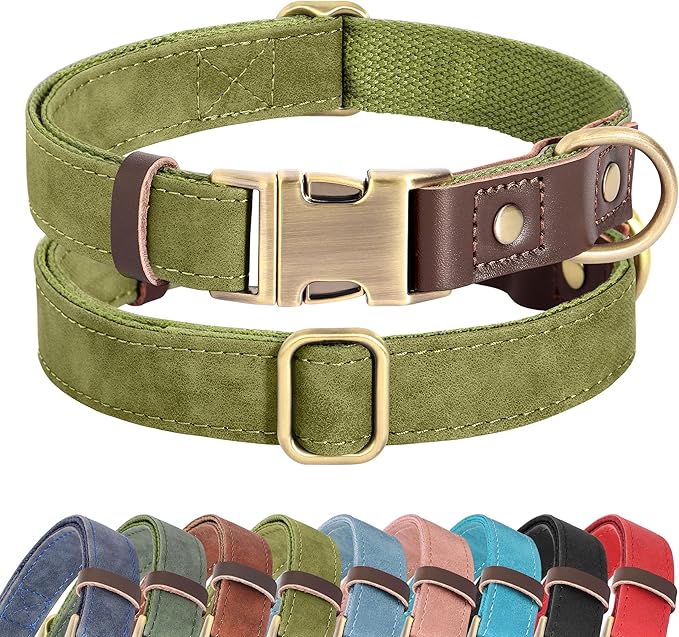 Didog Soft PU Leather Dog Collar for Large Dogs,Classic Adjustable Wide Dog Collars with Quick Release Metal Buckle,Easy Clean and Comfortable with Nylon Lining,Olive Green,XL Neck 17-26", Width 1¼''