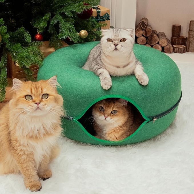 CATTASAURUS Peekaboo Cat Cave for Multiple & Large Cats Up to 30-45 Lbs, Scratch Detachable & Washable Tunnel Bed, Comfy Donut Cat Cave (Forest Green, Large)