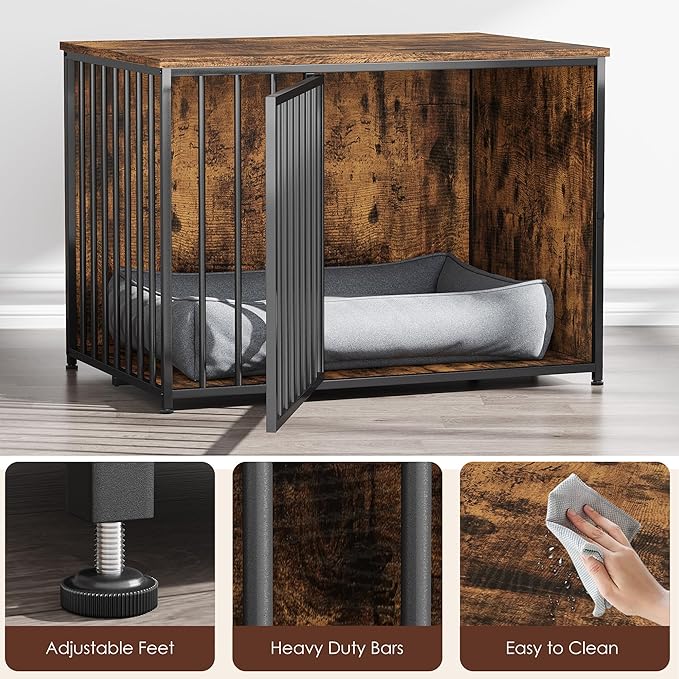 Dog Crate Furniture for Large and Medium Dogs, 42 Inch Wooden & Steel Decorative Indoor Kennel, Pet Cage End Table for Home, Escape-Proof & Chew-Proof, Rustic Brown