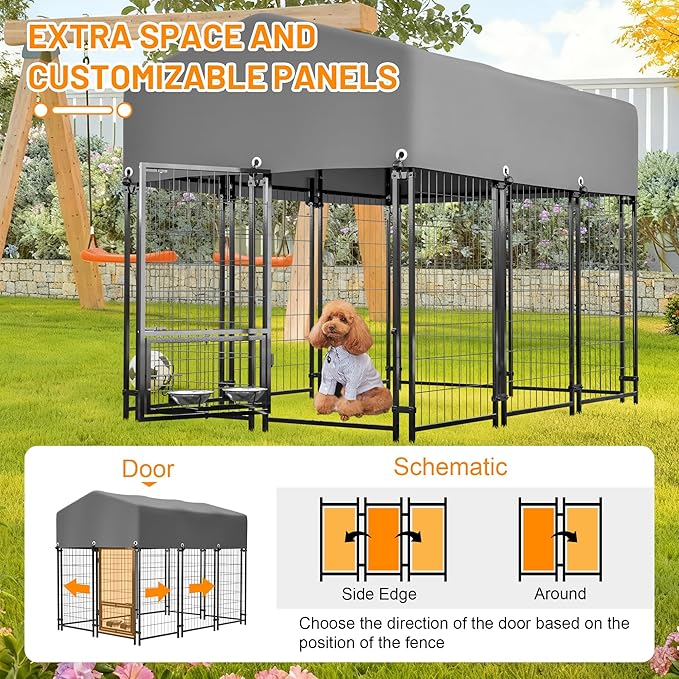 Dog Crate Dog Kennel Outdoor W/Roof,Dog Cage W/ 360°Rotating Feeder & Secure Lock,Weatherproof Dog Pens Outside W/Flexible Clamps,for Garden Yard,Grey(4.23x5.82x4.83 FT)