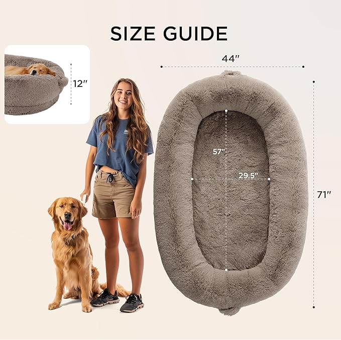 Bedsure Human Dog Bed, 71.0" x 44.0" x 12.0" Calming Giant Human Dog Bed for Adults People Fits Pet Families with Storage Pocket, Fluffy Faux Fur Orthopedic Pet Bean Bed, Camel
