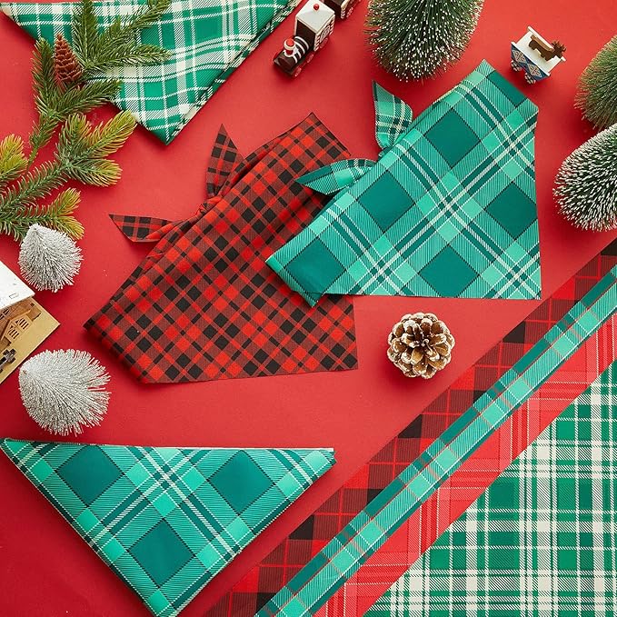 Abbylike 100 Pcs Christmas Dog Bandanas Bulk Red and Green Buffalo Plaid Bandanas for Dogs Triangle Kerchief Bibs Scarf for Pet Xmas Costume Photo Props Accessories, 25 Styles (31.5 x 21.7 x 21.7)
