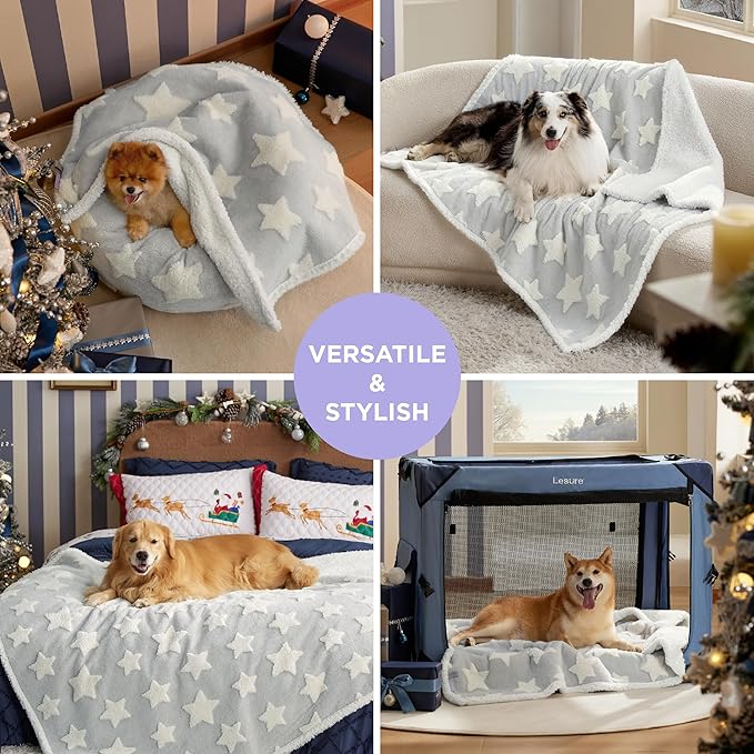 LE SURE Waterproof Dog Blanket for Large Dogs - Washable Double Sided Dog Blankets with Warm Jacquard Shag and Soft Sherpa Fleece, Pet Cat Blanket for Couch Protection, 3D Textured Star, Grey