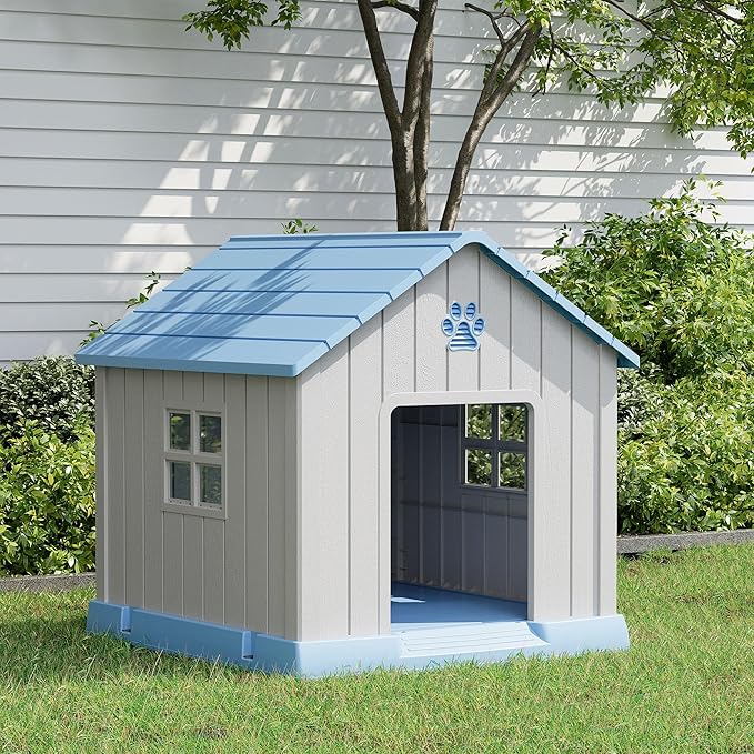 Fancyango Dog House Outdoor Indoor - Waterproof, Ventilated, Easy to Clean, Elevated Floor for Small-Large Dogs, Easy to Assemble (Blue, 31" L x 33.3" W x 33.5" H)