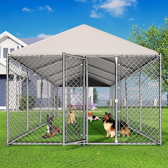 Lyromix 10 x 20FT Large Outdoor Dog Kennel with Roof, Dog Kennel Outside with Waterproof Cover, Galvanized Heavy Duty Chain Link Dog Runs Cage Playpen for Outside with Secure Lock