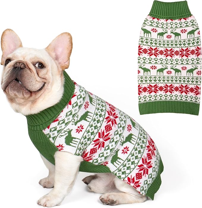 KYEESE Dog Christmas Sweater, Cozy Turtleneck Dog Sweater for Small Dogs Boy Girl with Snowflake Reindeer Pattern, Winter Doggie Knitwear with Leash Hole, Soft Warm Winter Outfit, X-Large