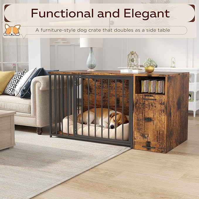 Dog Crate Furniture with Storage Cabinet, 42 Inch Wooden & Steel Decorative Indoor Kennel, Pet Cage End Table for Large and Medium Dogs, Escape-Proof & Chew-Proof, Rustic Brown