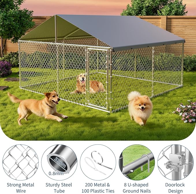 Outdoor Dog Kennel with Roof, Galvanized Dog Enclosure, with Waterproof & UV-Resistant Cover, Large Dog Kennel for Outside Backyard Farm Use, 10x10x6ft