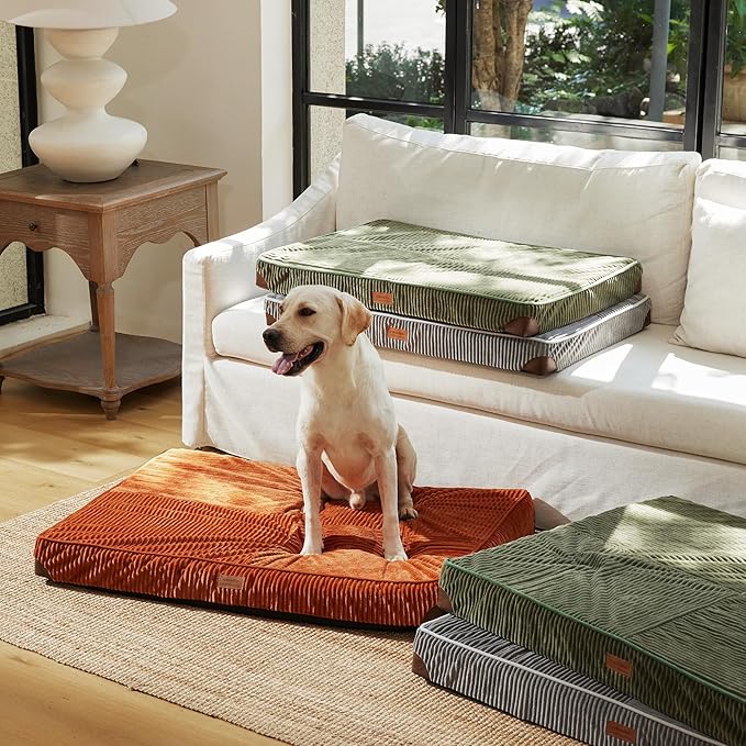 FUKUMARU Dog Bed, Plush Corduroy Orthopedic Dog Beds with Washable Cover, Large Waterproof Dogs Bed for Crate, Egg Crate Foam Support Pet Mat, Cozy Pet Bed Mat with Anti-Slip Bottom, Green
