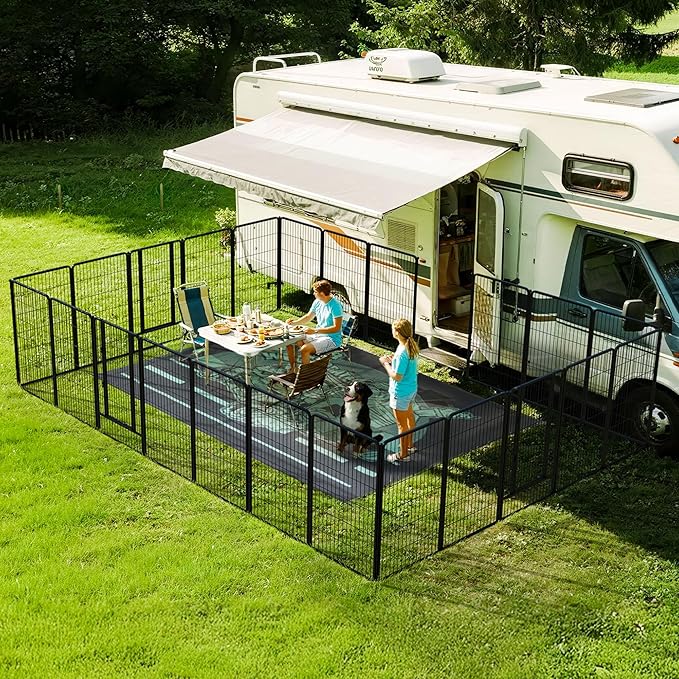 FXW Instant Unleashed Dog Playpen, Portable Pet Fence for Outdoor, RV Trips, and Camping, 45 inch, 24 Panels for Large Dogs with 7' x 9' RV Mat│Patented