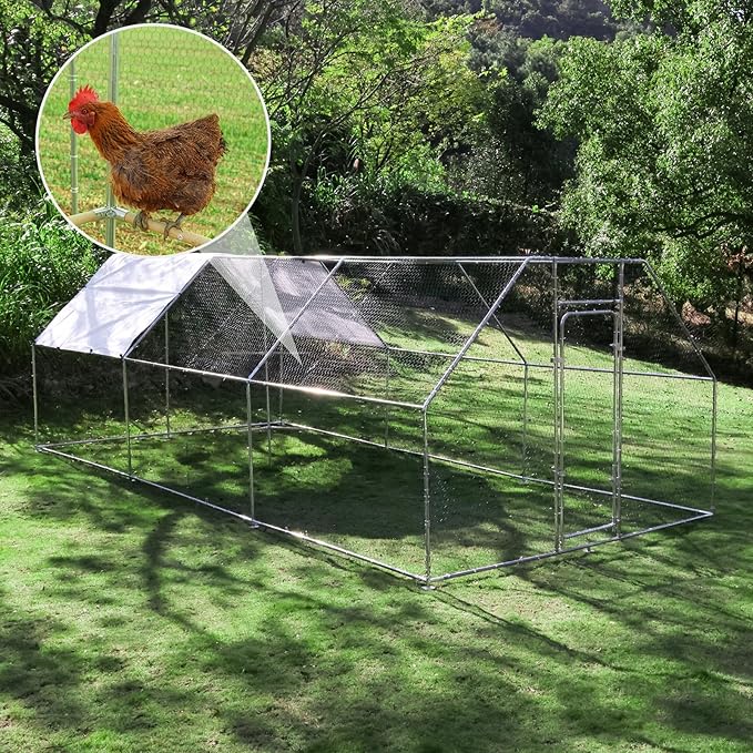 Chicken Coop Large Metal Chicken House/Pen with Climbing Frame for 15-20 Chickens, Outdoor Walk-in Poultry Cage Flat Shape for Ducks, Rabbits, Dogs Etc, Silver (236" L x 117.6" W x 78.7" H)