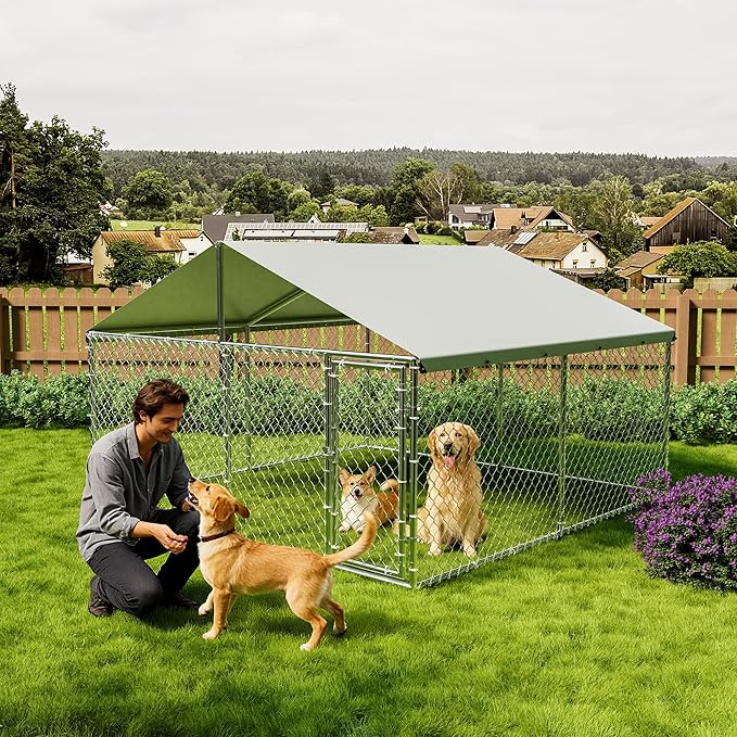 Outdoor Dog Kennel with Roof, Galvanized Dog Enclosure, with Waterproof & UV-Resistant Cover, Large Dog Kennel for Outside Backyard Farm Use, 10x10x6ft