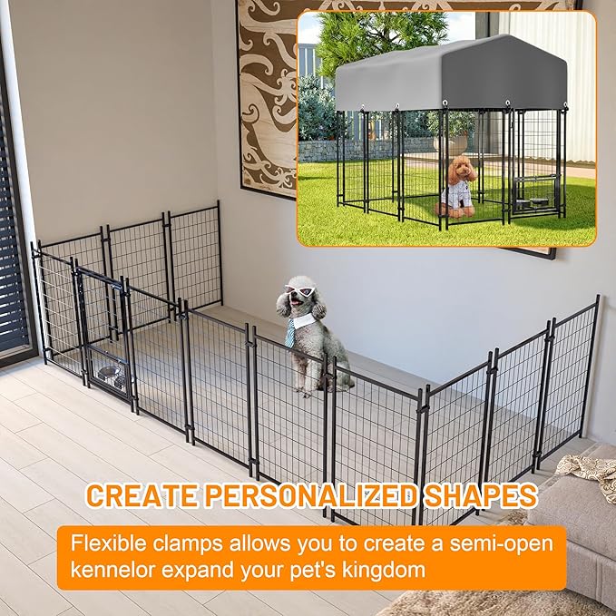 Dog Crate Dog Kennel Outdoor W/Roof,Dog Cage W/ 360°Rotating Feeder & Secure Lock,Weatherproof Dog Pens Outside W/Flexible Clamps,for Garden Yard,Grey(4.23x5.82x4.83 FT)