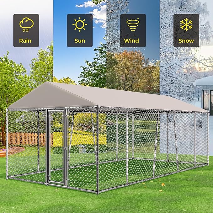 Lyromix 10 x 20FT Large Outdoor Dog Kennel with Roof, Dog Kennel Outside with Waterproof Cover, Galvanized Heavy Duty Chain Link Dog Runs Cage Playpen for Outside with Secure Lock