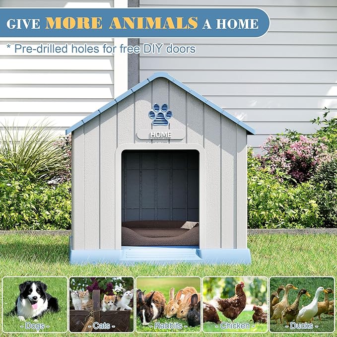 Fancyango Dog House Outdoor Indoor - Waterproof, Ventilated, Easy to Clean, Elevated Floor for Small-Large Dogs, Easy to Assemble (Blue, 31" L x 33.3" W x 33.5" H)