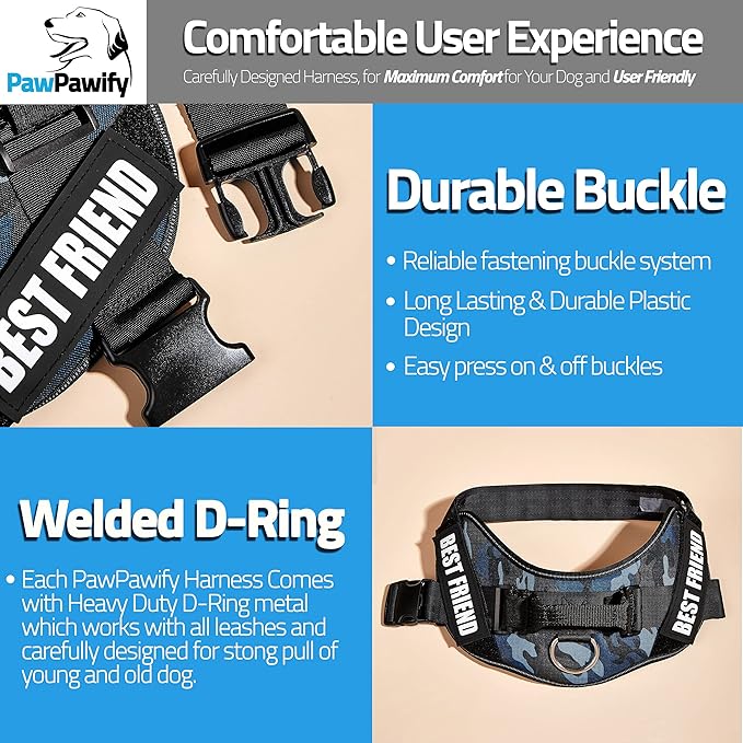 PawPawify Custom No Pull Dog Harness with Name and Phone Number, Heavy Duty Personalized Pet Vest to Prevent Tugging, Pulling, or Choking, Training and Walking (Camouflage Navy, M (Chest 20-24in))