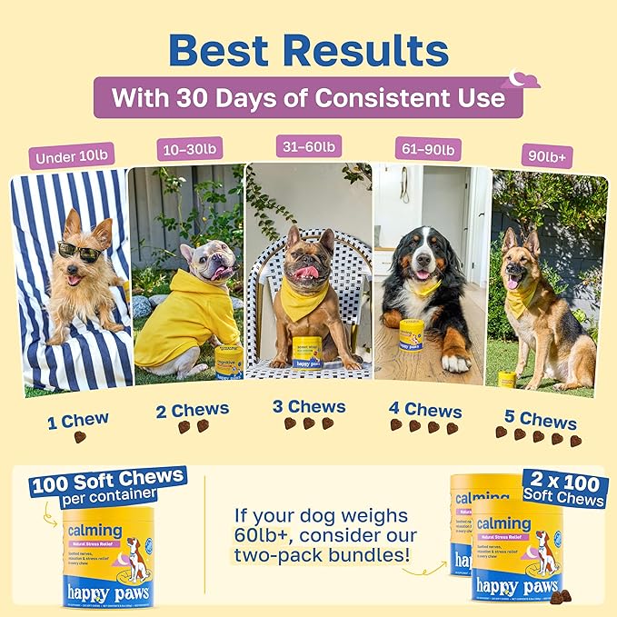 Happy Paws Calming Chews for Dogs, Relaxation & Anxiety Support for All Breeds & Ages, Dog Sleep Aid with L Theanine & Chamomile, Vegan Peanut Butter Flavor, Organic, Non GMO, (100 Chews)