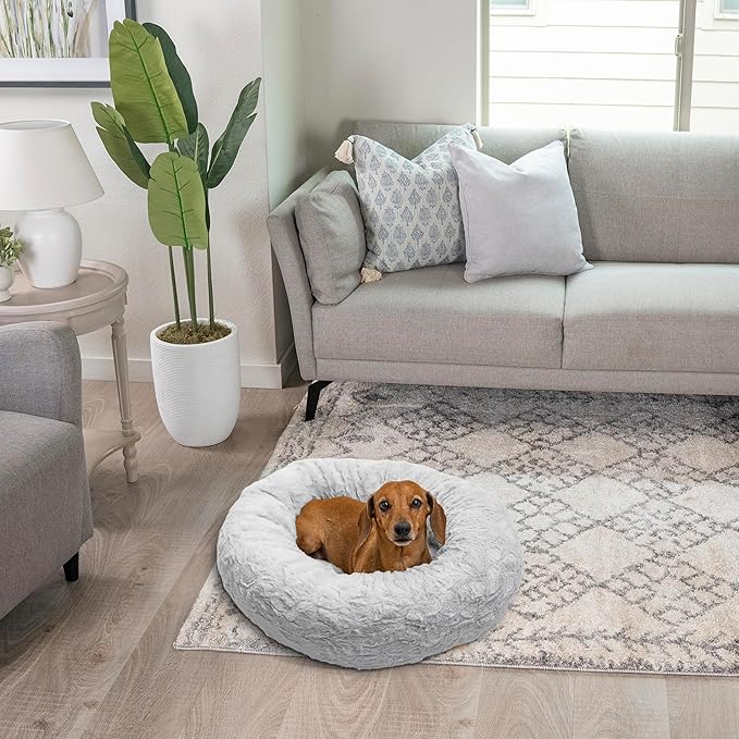 Best Friends by Sheri Original Calming Donut Dog and Cat Bed, Lux Faux Fur, Gray, (23in x 23in) - Anxiety Relief for Pets Up to 25 lbs