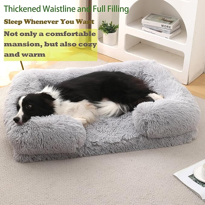 Orthopedic Dog Bed for XXL Dogs - Washable Memory Foam Pet Sofa, Fluffy Plush Rectangular Bed, Waterproof Anti-Anxiety Couch, Light Gray, XXL