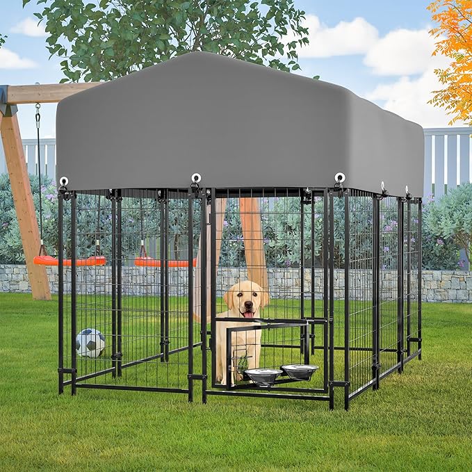 Dog Crate Dog Kennel Outdoor W/Roof,Dog Cage W/ 360°Rotating Feeder & Secure Lock,Weatherproof Dog Pens Outside W/Flexible Clamps,for Garden Yard,Grey(4.23x5.82x4.83 FT)
