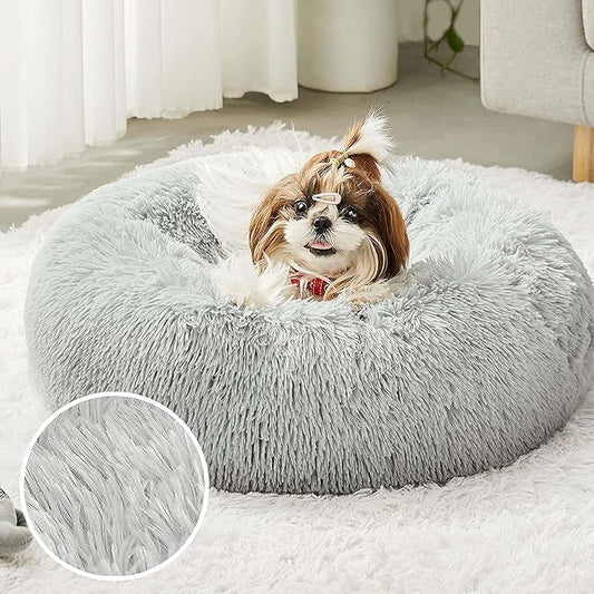 Calming Dog & Cat Bed - Anti-Anxiety Donut Dog Cuddler, Warming Cozy Soft Round Bed, Fluffy Faux Fur Plush Dog Cat Cushion for Small Medium Dogs and Cats (20"/24"/27"/30")
