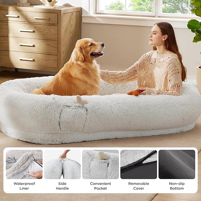 Bedsure Human Dog Bed, 71.0" x 44.0" x 12.0" Calming Giant Human Dog Bed for Adults People Fits Pet Families with Storage Pocket, Fluffy Faux Fur Orthopedic Pet Bean Bed, Frost Grey