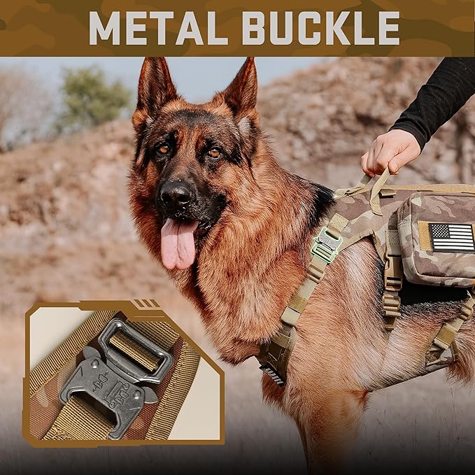 Forestpaw Tactical Dog Harness Tactical Dog Collar with Bungee Leash Set,No Pull Military Dog Harness for Walking Training,Adjustable for Medium Large Dogs,Camouflage Brown,Chest 19.5-41.5"
