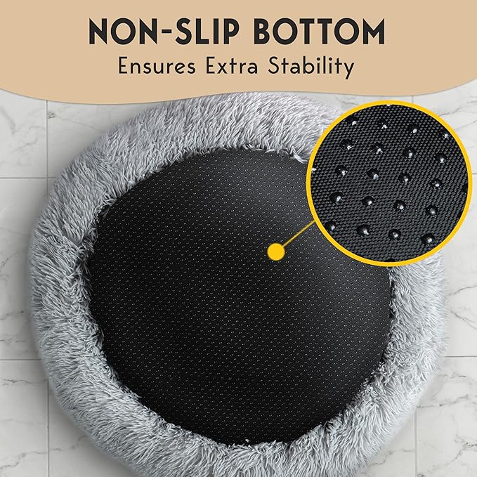 PetJett Calming Dog Beds Large Sized Dog - 36'' Round Bed, Anti-Slip & Washable Super Soft Donut Bed, Fluffy Faux Fur Anti-Anxiety Premium Comfort Pet Bed, Fits Dogs up to 100 lbs - Bright Grey