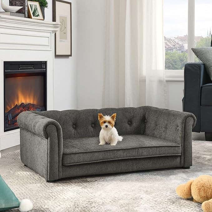 GDFStudio Modern Linen Dog Sofa for Small and Medium Dogs Elevated Pet Bed with Armrests and Backrest Durable and Comfortable Upholstered Pet Furniture, Dark Gray