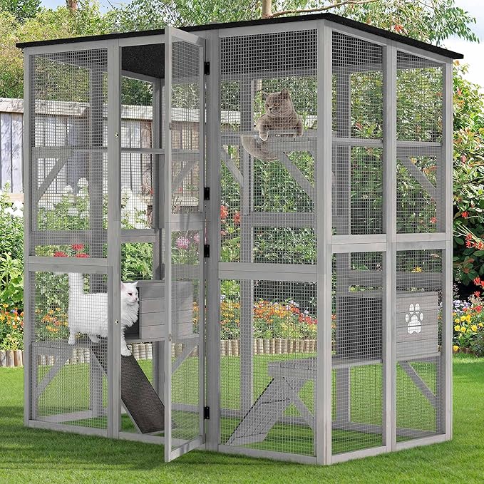 YITAHOME Catio Outdoor Cat Enclosure Large, Tall Wooden Cat House with Weatherproof Asphalt Roof, Cat Cage Playpen with Multiple Platforms & 2 Resting Boxes, 70.9" L x 38.2" W x 70.9" H