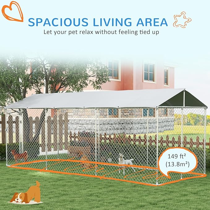 PawHut Outdoor Dog Kennel, Heavy Duty Dog Run Outdoor Fence with Waterproof Cover, Galvanized Chain Link, Secure Lock, for All Sized Breeds, Chickens, Ducks, 20' x 7.5' x 7.5'