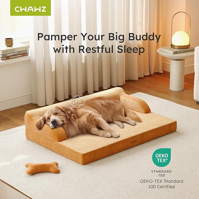 XL Plus Orthopedic Dog Bed, Big Dog Bed for Large Sized Dogs, Dual-Sided Pet Cooling Beds with Memory Foam Washable Cover Nonslip Bottom, Waterproof Pet Couch with Bolster, Brown