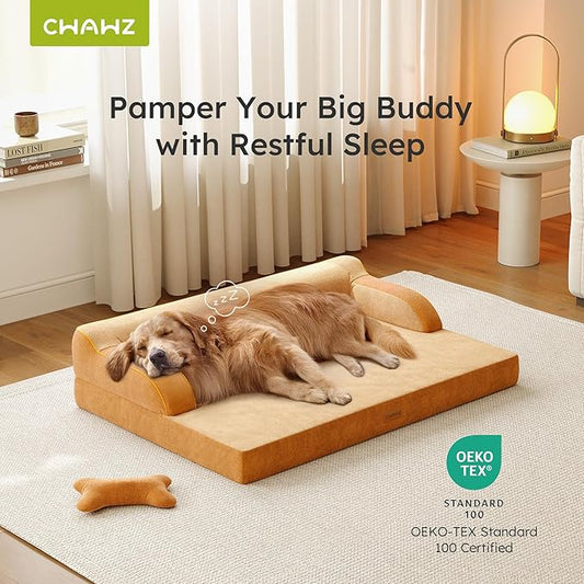 Large Orthopedic Dog Bed, Pet Bed Large Size Dog, Dual-Sided Cooling Beds with Memory Foam Washable Cover Nonslip Bottom, Waterproof Pet Beds with Bolsters, Brown