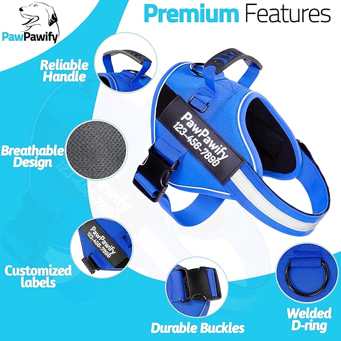 PawPawify Custom No Pull Dog Harness with Name and Phone Number, Heavy Duty Personalized Pet Vest to Prevent Tugging, Pulling, or Choking, Training and Walking (New Blue, XXL (Chest 36-42in))