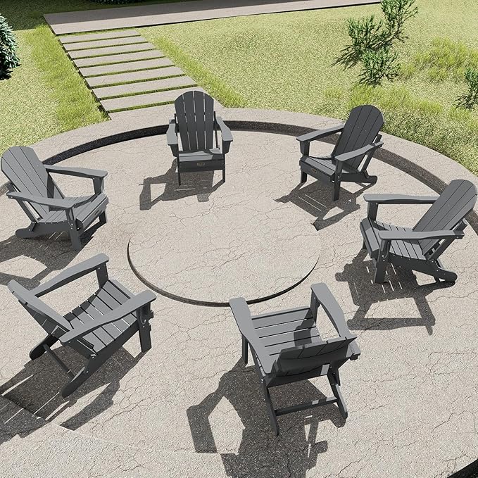 SERWALL Folding Adirondack Chair Set of 6 Weather Resistant Patio Chairs with Wood Texture Fire Pit Chairs- (Folding Gray)