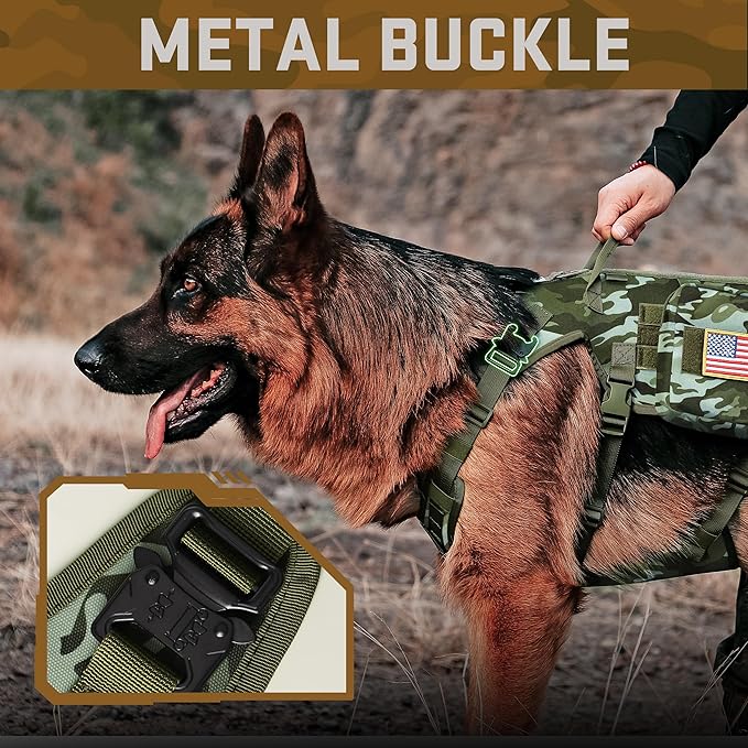 Forestpaw Tactical Dog Harness Tactical Dog Collar with Bungee Leash Set,No Pull Military Dog Harness for Walking Training,Adjustable for Medium Large Dogs,Camouflage Green,Chest 19.5-41.5"